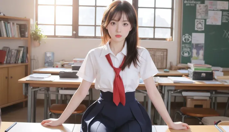 Japanese female high school student in uniform, school class