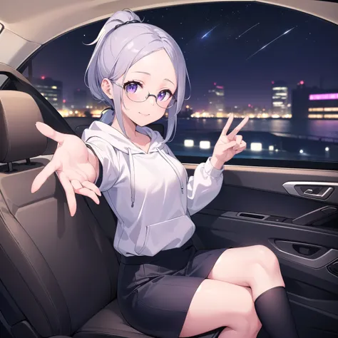 1girl, Solo, HD, Accurate, Smile Softly, Happy, Soft Lighting, Blurred Background, Close-up, (In the Car: 1.3)(Night Sky: 1.2) Looking at viewers.

-
(female: violet_eyes, silver_hair, ponytail_hair, middle_parted_hair, wearing_glasses, white_oversized_hoo...