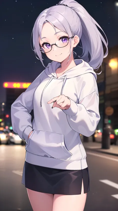 1girl, Solo, HD, Accurate, Smile Softly, Happy, Soft Lighting, Blurred Background, Close-up, (In the Traffic: 1.3)(Night Sky: 1.2) Looking at viewers.

-
(female: violet_eyes, silver_hair, ponytail_hair, middle_parted_hair, wearing_glasses, white_oversized...