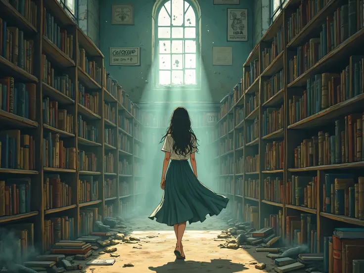 A woman walks through an abandoned library,  Animated Background Art ,  lo-fi illustration style, Detailed Scenery , Retro anime picture , Detailed store information,   Tokyo Anime Scene 