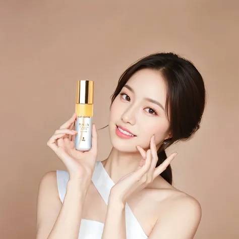An Korean woman holding a bottle of lotion in her hand, ji-min, photoshoot for skincare brand, lee ji-eun, lee ji - eun, popular korean makeup, hwang se - on, popular south korean makeup, sha xi, shin min jeong, park ji-min, beauty campaign, smooth golden ...
