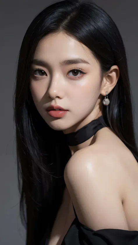 score_9, score_8_up, score_7_up, Goth girl, Goth girl 1girl 1girl,solo,long hair,looking at viewer,simple background,black hair, jewelry,white hair,multicolored hair,choker,black eyes,grey background,necklace,(hair over one eye),two-tone hair,cross,portrai...