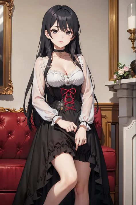 masterpiece, anime style, A young girl,  of foot, ( seen from the front ), pretty face,  tender look, long black hair, detailed eyes,  black eyes,  choker : 1.6, ((Victorian style dress in white and red)), corset, self-critical , elegant room, elegant mans...