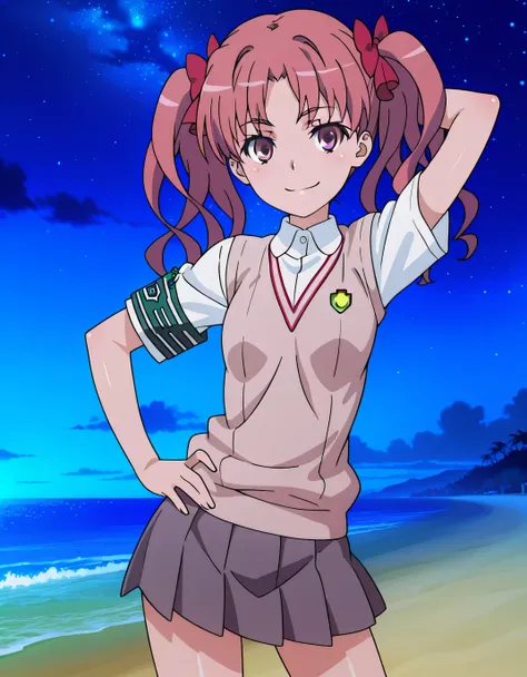 Shirai Kuroko, long hair,pink hair,wavy hair,twintails,hair bow,red bow,hair ribbon,red ribbon,parted bangs,pink eyes tokiwadai school uniform,brown sweater vest,white shirt,collared shirt,armband,short sleeves,small breasts,miniskirt,grey skirt,pleated sk...
