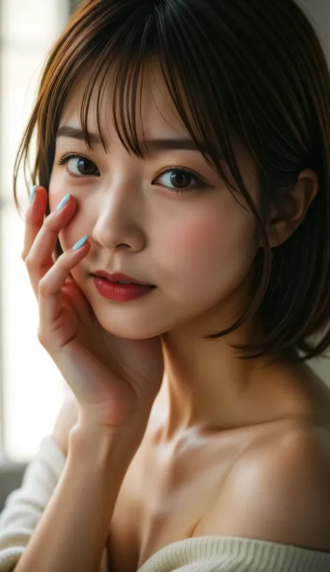 18 Year Old Japanese Woman, Photographs Full of Realistic Realism, In front of the bright light :1.21, from side:1.5, Woman lying , Extreme Closeup, elegant beautiful Japanese woman holding a can of Coca Cola, Rim Lighting , Backlit Realistic, Hide your e...