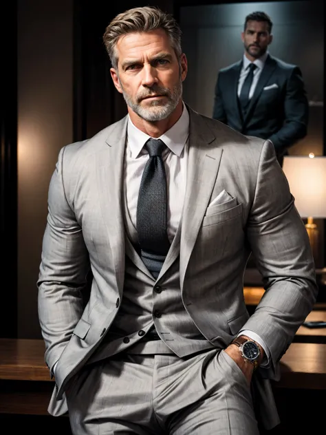 ,Far shot! Hairy chest muscles! Furry armpits!Someone is watching next to it. , sexy digital art, men in a suit and tie sitting in a beer bar, suit and tie, Rolex watch, Finger rings, wearing a suit and tie, wearing a suit and a tie, wearing suit and tie, ...