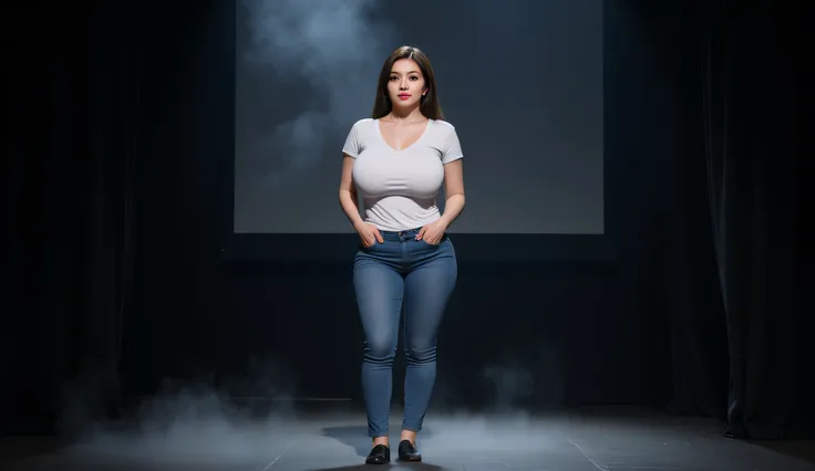 big breasted woman standing with full body wearing short jeans and a white t-shirt, her face is very detailed. The background displays a large LED screen. Black mist creeps across the stage floor, adding to the ominous supernatural effect.

Occasionally, s...