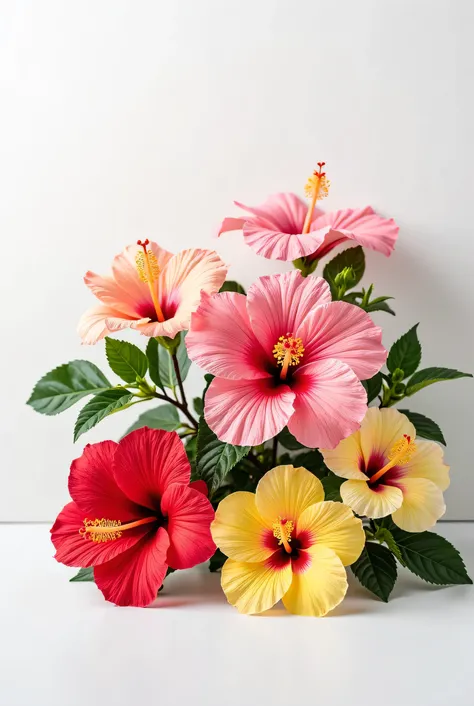 Realistic photo, highest detail, single background colour, white background, best lighting of main object, colourful hibiscus plants, aesthetic photo, Instagramable photography, centered objects