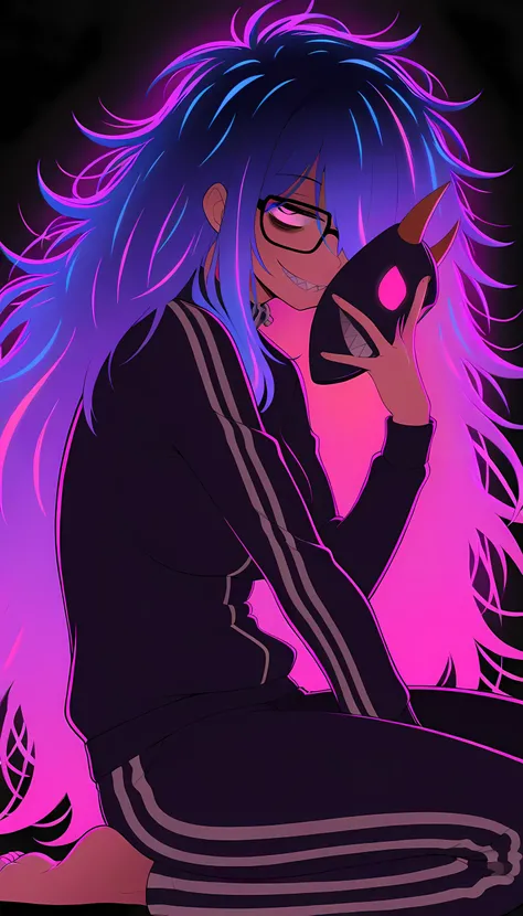 (limited palette:1.5), black background, colorful, (vibrant, glowing outline, neon hair, blacklight:1.2), looking at viewer, (side view:0.1), masterpiece, best quality, absurdres, very aesthetic, 1girl,solo,solo girl,long hair,dark purple hair, ((messy ha...
