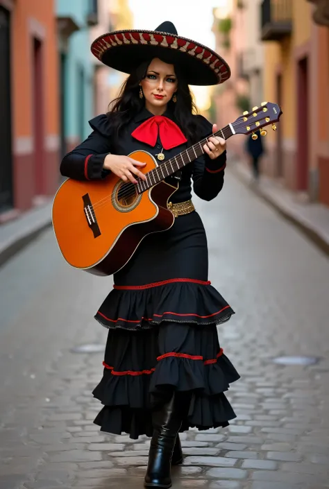  Realistic photograph ,  beautiful woman, vibrant blue eyes, black hair, Mexican mariachi hat with red trim, black mariachi costume with small borders and red details,  gold buttons , full body, black leather boots , Acoustic guitar in your hands, walking ...