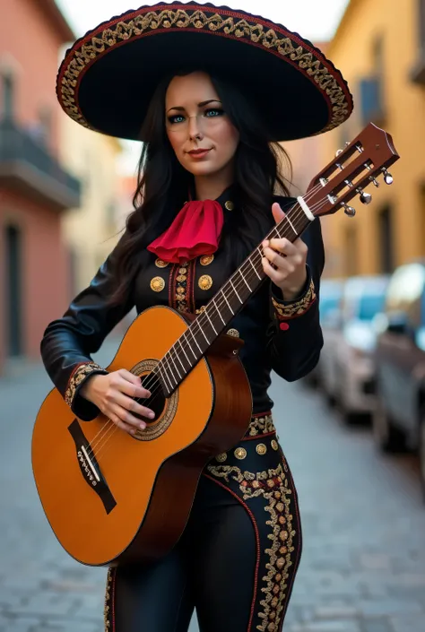  Realistic photograph ,  beautiful woman, vibrant blue eyes, black hair, Mexican mariachi hat with red trim, mariachi costume in black with small borders and red details,  gold buttons , full body, black leather boots , Acoustic guitar in your hands, walki...