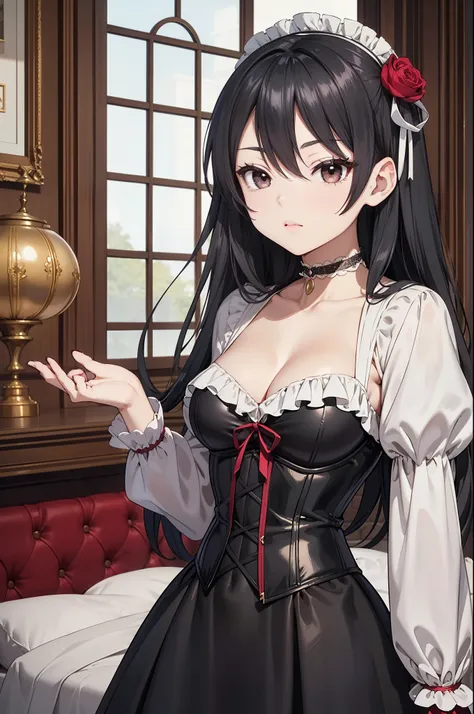 masterpiece, anime style, A young girl,  of foot, ( seen from the front ), pretty face,  tender look, long black hair, detailed eyes,  black eyes,  choker : 1.6, ((Victorian style dress in white and red)), corset, self-critical , elegant room, elegant mans...