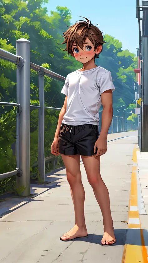 ((Full Body length image)), (((Safe for work))) (((full body shot))), realistic face, Beautiful  boy with freckles, correct anatomy, just wearing shirt and shorts,, looking at viewer, Tan lines, (natural  brown Eyes color), slender underdevloped  body shap...