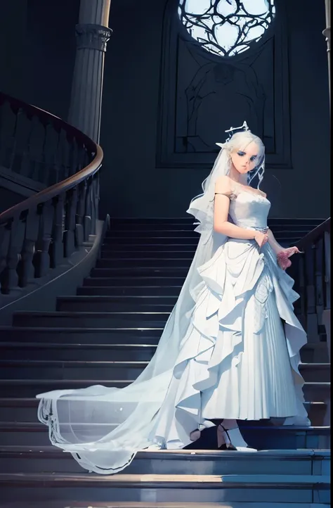 arafed image of a ghost standing in a castle with a staircase, style of charlie bowater, charlie bowater art style, queen of the ghosts, in style of charlie bowater, irridescent ghostly, ghostly ghost, pale young ghost girl, neoartcore and charlie bowater,...