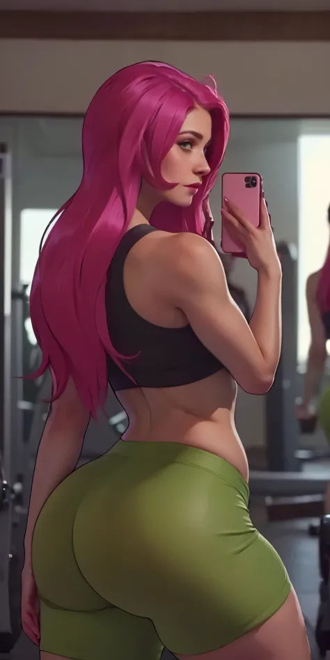 "Moranguinho Shortcake, the digital model with vibrant pink hair and expressive green eyes, is at the gym taking a selfie in the mirror. She is wearing a black sports bra and tight fitness shorts in a moss green tone, has a big butt, wide hips, thick legs,...