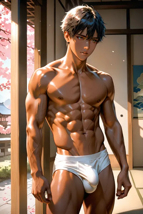 best high quality, Details, photo realistic, cherry blossoms, 1 japanese young boy, topless, abs, dark skin, erecting penis bulge, tiny briefs,