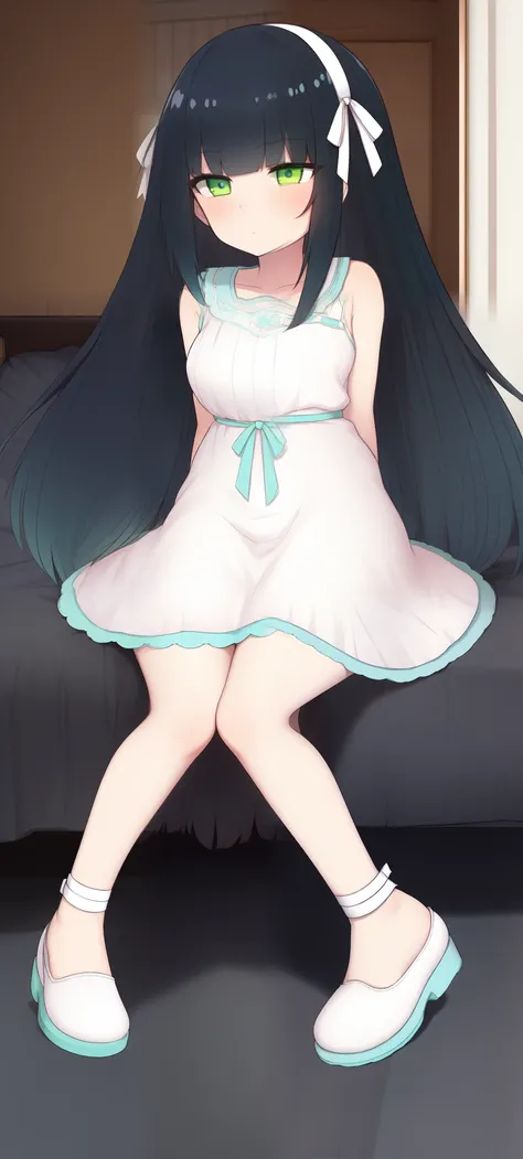 Masterpiece, best quality, 1grl,,  green eyes, black hair, long hair, white hairband,  rustic bedroom, white dress, teal dress lining, from infront, white shoes, teal soles, white ankle strap, from infront, sitting, seiza, judgmental, 
 