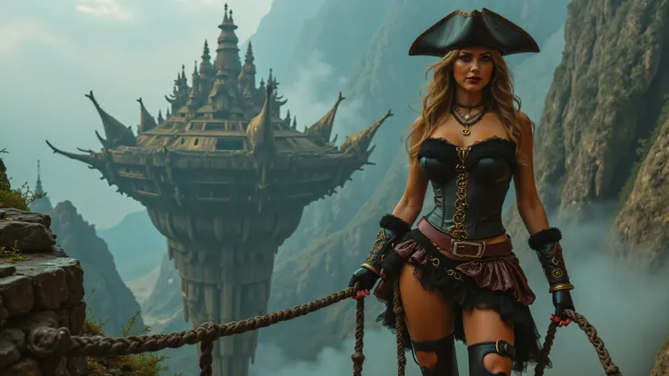 A fierce and seductive female pirate in a steampunk world. She wears a tight leather corset that accentuates her curves, a short asymmetrical skirt with lace and gold buckles, and thigh-high boots with intricate Victorian-style gear embellishments. Her hai...