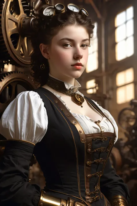 a painting of a pale skin muscular brunette 18 year old steampunk girl huge breasts in the style of William-Adolphe Bouguereau