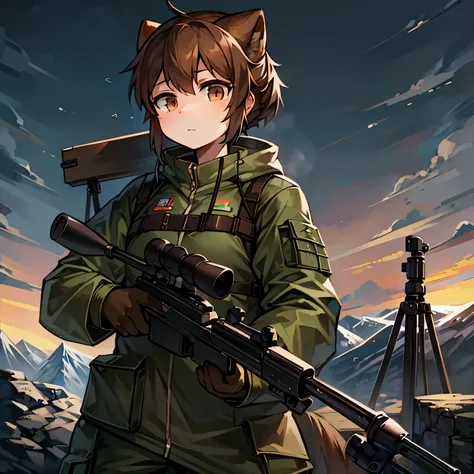 A brown-haired human girl in military clothes is looking into the scope of a large sniper rifle。The background is the wilderness。Her face is facing forward、The expression is grim。