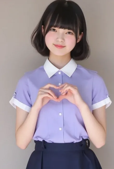 age girl, Asian, displaying a cheerful expression, creating a heart shape with her finger.Formal school uniform: crisp, light purple button-down shirt with short sleeves, dark navy-blue pleated skirt, and a black belt. Smiling, showing even teeth. Straight...