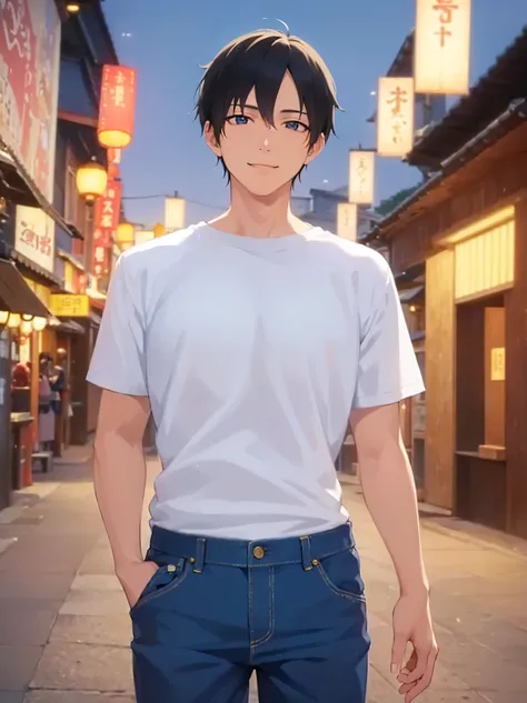 (looking away:1.5),Japanese manga style,shiny skin,Masterpiece, top quality,(28 year old male: 1.5) and (short black hair) and (blue eyes),BREAK(white T-shirt) and (jeans)BREAK,(light smile),The background is the shopping street of the hot spring town,cowb...