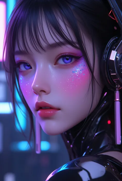 80’s glam rock makeup on shiny android face, anime, 2.5D, Glittery face, moody lighting, (purples, pinks, and blues), iridescent face, abstract ai model, pretty, sexy, minimal, sleek, slender, asian, elegant, chic, futuristic, retro, sophisticated half hum...