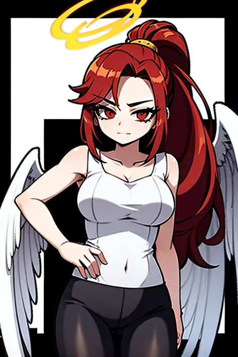 20-year-old girl with long red hair tied in a ponytail,  red eyes, white skin, white angel wings, golden halo , dressed in a white dress and black pants