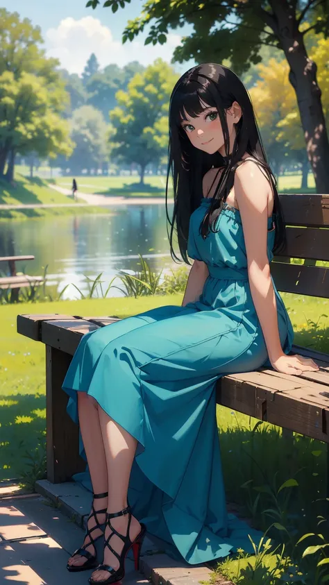    ((masterpiece, high resolution, better quality, better details)), ((Smiling)), ((one girl)) a girl sitting on a wooden bench in a quiet park, full body, wearing a long denim skirt, ((long dress without openings)), ((Louboutin high heels)), green eyes, (...