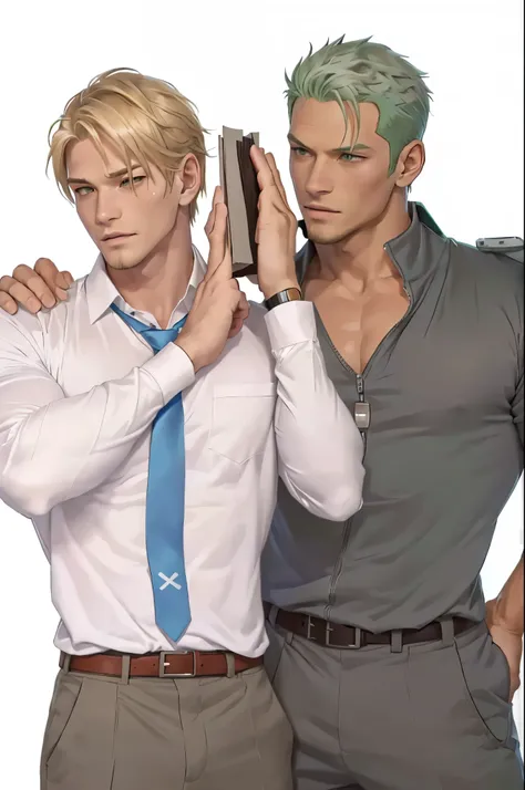 there are two handsome men that are standing next to each other,a man on the left holding a book with blond hair a twink body small waist and white skin wearing long sleeveshirt with blue tie brown belt and gray slack pant,English teacher ,a man on the rig...