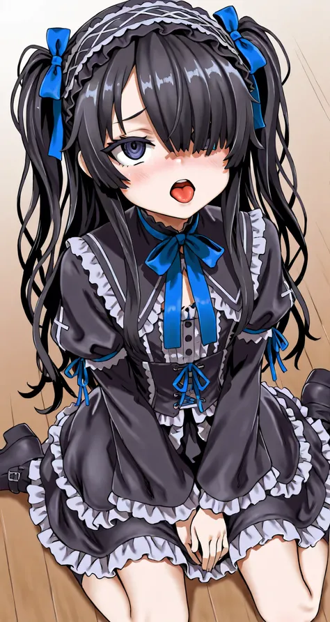 1girl, flat chest, skinny body, Dull woman, messy hair, shy, black hair ,hair over one eye, (Gothic Lolita:1.2), two side up, blue ribbon, long hair, Baby Face, tongue, open her mouth, wariza, from above, look up, Asanagi Style 