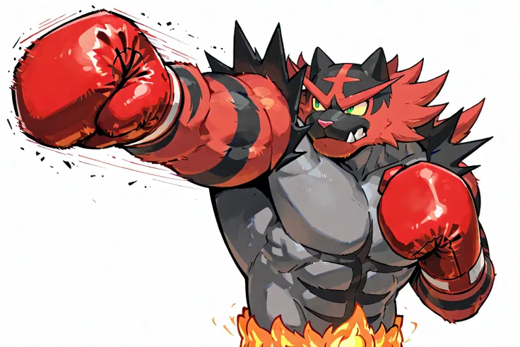 incineroar, anthro, high quality, male, solo, white background, no background, wearing black boxing_gloves, thick arms, boxing gloves, punching, boxing, training, exercising, outstretched arm
