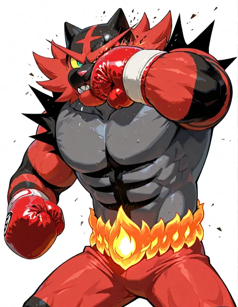 incineroar, high quality, male, solo, white background, no background, black boxing_glove, thick arms, heavweight body, face punch, boxing, looking at viewer