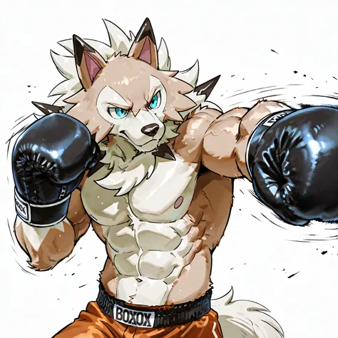 midday lycanroc, anthro, high quality, male, solo, white background, no background, pov_boxing, black boxing gloves, punching, boxing, training, exercising, outstretched arm, thick arms, muscular,