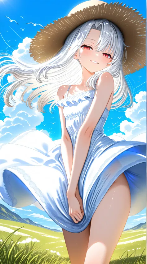 1girl,illyasviel von einzbern,loli,seductive smile,red eyes,half closed eyes,bare foot,white hair,straw hat,white dress,wind,cowboy shot,(close-up:1.3),dynamic pose, day,blue_sky,bird,grass,cloudy_sky,scenery,cumulonimbus_cloud, minimalistic,,8k wallpaper,...