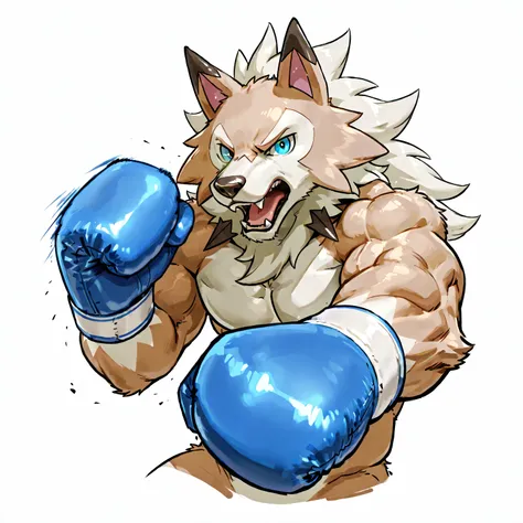 midday lycanroc, anthro, high quality, male, solo, white background, no background, pov_boxing, blue boxing gloves, punching, boxing, training, exercising, outstretched arm, thick arms, muscular, shouting, looking at viewer