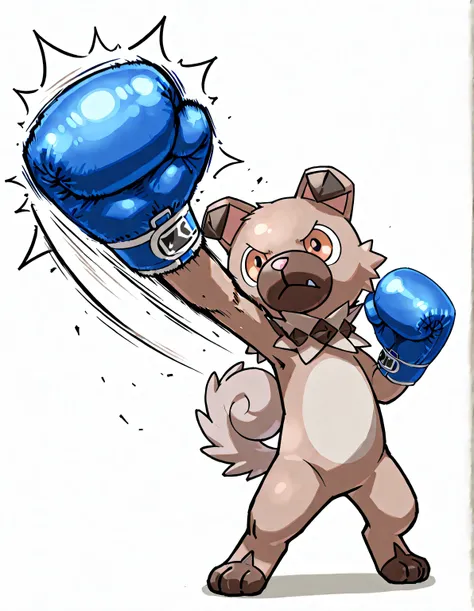 rockruff, high quality, male, solo, white background, no background, pov_boxing, blue boxing gloves, punching, boxing, training, exercising, outstretched arm, uppercut, uppercut_punch, 