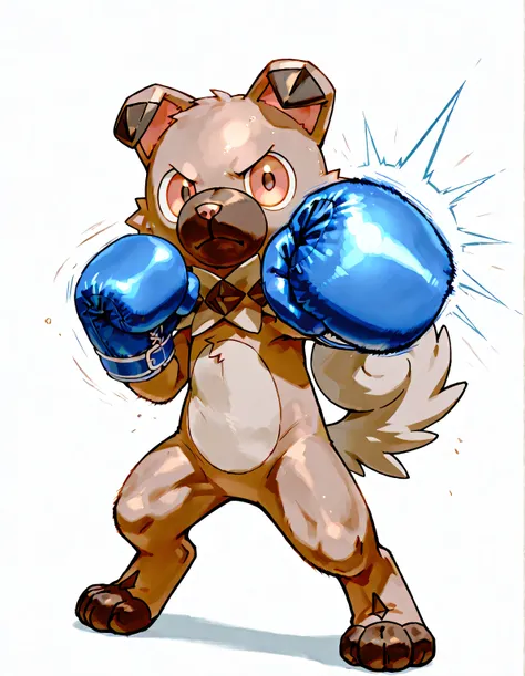 rockruff, high quality, male, solo, white background, no background, pov_boxing, blue boxing gloves, punching, boxing, training, exercising, outstretched arm, punching at viewer, paws, wide stance, strong legs