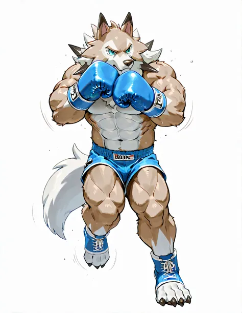 midday lycanroc, anthro, high quality, male, solo, white background, no background, pov_boxing, blue boxing gloves, boxing, training, exercising, thick arms, muscular, full body, wolf feet, dynamic, boxing pose,