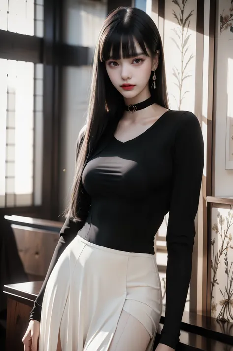 1 Japanese beautiful girl, 19 years old, supermodel, (smile), photo, best quality, beautiful eyes, (super fine eyes), ((bright red lipstick)), glossy black hair, ((straight bangs, ((very heavy, very voluminous bangs:1.1)), (((bob hair))), white skin, best ...