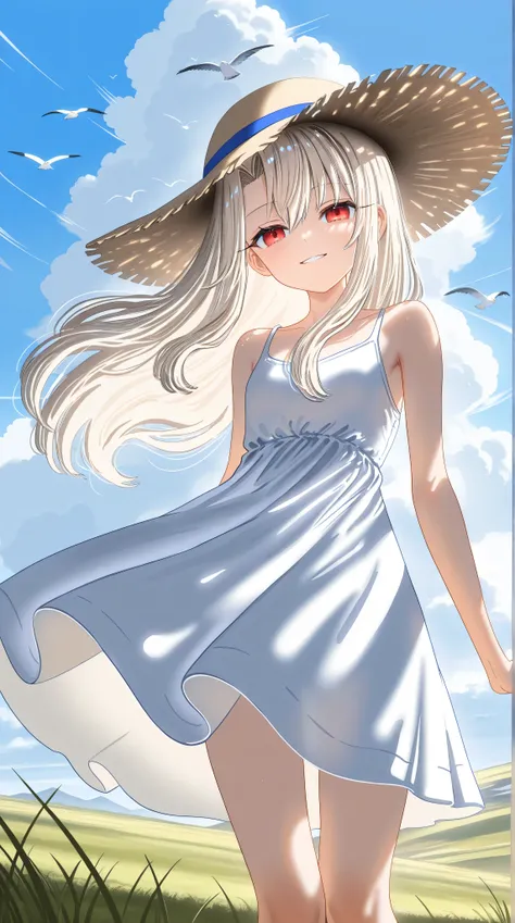 1girl,illyasviel von einzbern,loli,seductive smile,red eyes,half closed eyes,bare foot,white hair,straw hat,white dress,wind,cowboy shot,(close-up:1.3),dynamic pose, day,blue_sky,bird,grass,cloudy_sky,scenery,cumulonimbus_cloud, minimalistic,,8k wallpaper,...