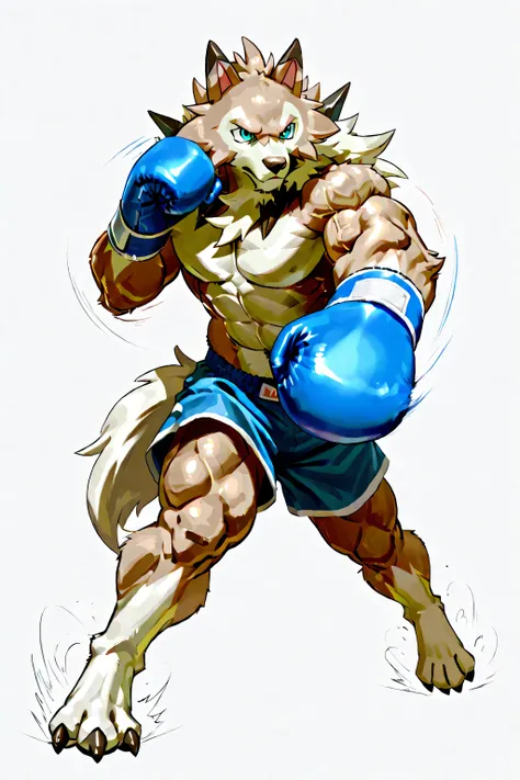 midday lycanroc, anthro, high quality, male, solo, white background, no background, pov_boxing, blue boxing gloves, punching, boxing, training, exercising, outstretched arm, thick arms, muscular, full body, wolf feet, dynamic, fighting stance, muscular leg...