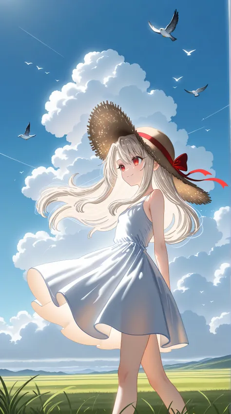 (from side),1girl,illyasviel von einzbern,loli,seductive smile,red eyes,closed eyes,bare foot,white hair,straw hat,white dress,wind,cowboy shot,(close-up:1.3),dynamic pose, walking,day,blue_sky,bird,grass,cloudy_sky,scenery,cumulonimbus_cloud, minimalistic...