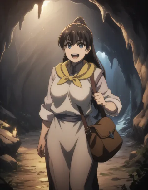 score_9, score_8_up, score_7_up, ((gsfghtr)), multicolored robe, neckerchief, 1girl, bright, best lighting, midday, smile, open mouth, in front of cave, midday, blue sky, sling bag slung across chest