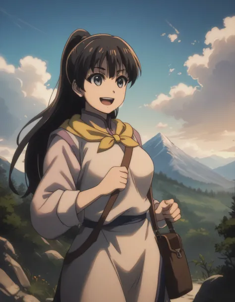 score_9, score_8_up, score_7_up, ((gsfghtr)), multicolored robe, neckerchief, 1girl, bright, best lighting, midday, smile, open mouth, top of mountain, midday, blue sky, sling bag slung across chest