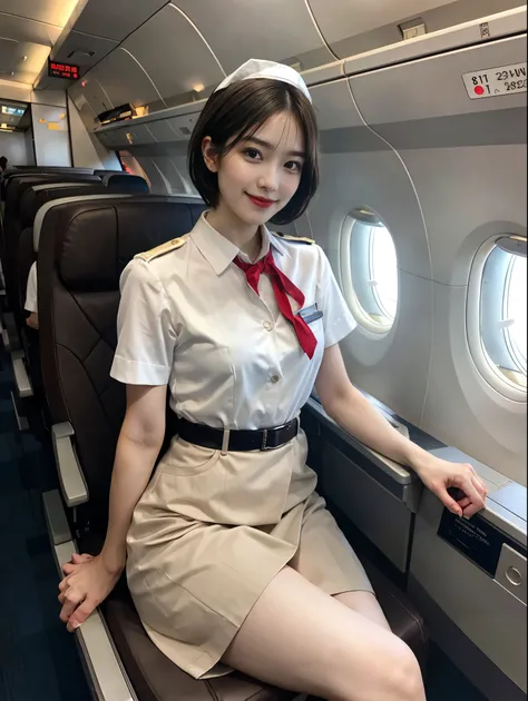  masterpiece, high detail, the most  airline stewardess in the world, in  cabin attendant costume,   brunette short hair ,  Bob Hairstyle, foot, ((( medium bust 1 .9)))  thighs,wide hips,  cabin attendantドレス, slender body, Smiling Lips, (( cabin attendant)...