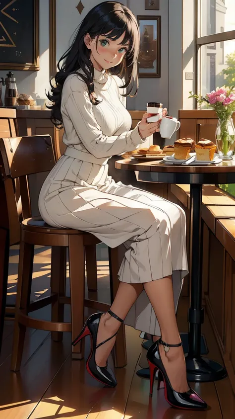  ((masterpiece, high resolution, better quality, better details)), ((Smiling)), ((one girl)) a girl enjoying a morning coffee in a quaint café, full body, wearing a maxi long skirt and a cozy sweater, ((long skirt without openings)), ((Louboutin high heels...