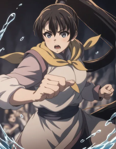 score_9,  score_8_up, score_7_up, gsfghtr, multicolored robe, long ponytail hair, black hair, neckerchief, ((open mouth)),
cinematic Lighting, 1girl,solo,looking at viewer,blush,closed mouth,fighting stance, surrounding by water on hand and body