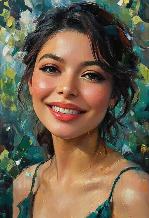 Miranda Cosgrove, extremely detailed, highres, forest background, beautiful detailed woman, light on face, looking at viewer, POV, gown, smile, perfect face, solo, impasto oil painting.