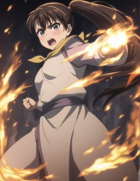 score_9,  score_8_up, score_7_up, gsfghtr, multicolored robe, neckerchief, ((open mouth)),
cinematic Lighting, 1girl,solo,looking at viewer,blush,closed mouth,fighting stance, fire surrounding